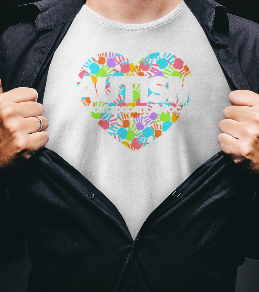 AUTISM SUPPORT EDUCATE ADVOCATE Colorful Heart Hands T-Shirt