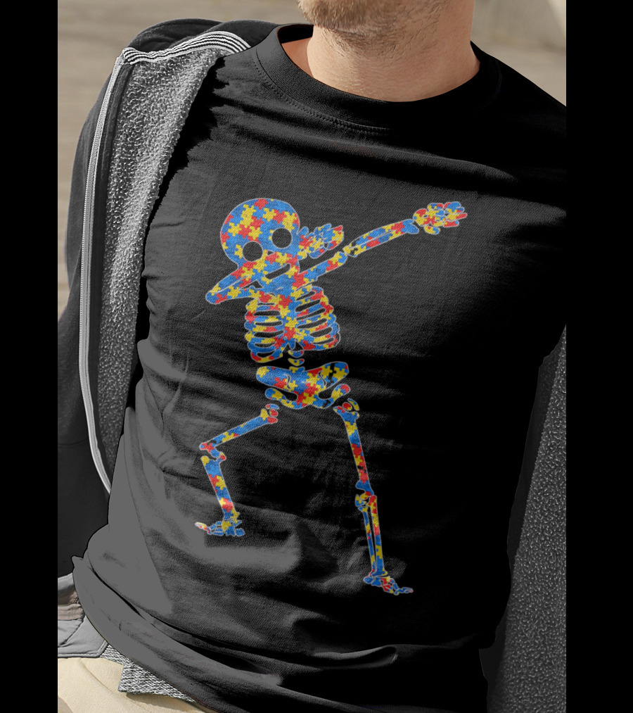 Halloween Autism Skeleton Dabbing Puzzle Pattern Awareness T-Shirt
