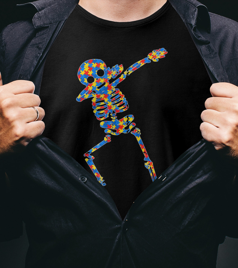 Halloween Autism Skeleton Dabbing Puzzle Pattern Awareness T-Shirt