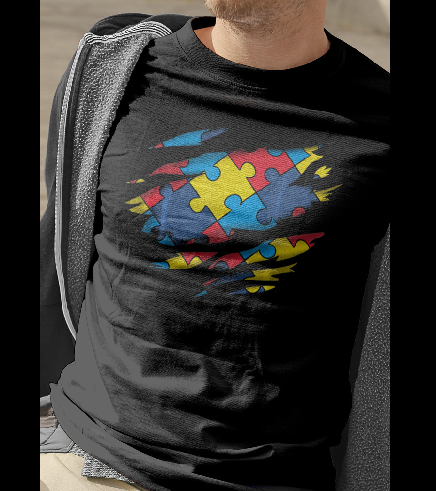 Autism Awareness Puzzle Pattern Superhero T-Shirt