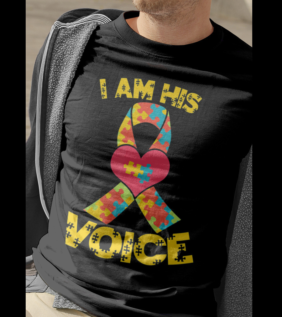 I Am His Voice Autism Awareness Puzzle Ribbon Heart T-Shirt