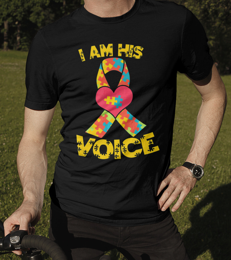 I Am His Voice Autism Awareness Puzzle Ribbon Heart T-Shirt