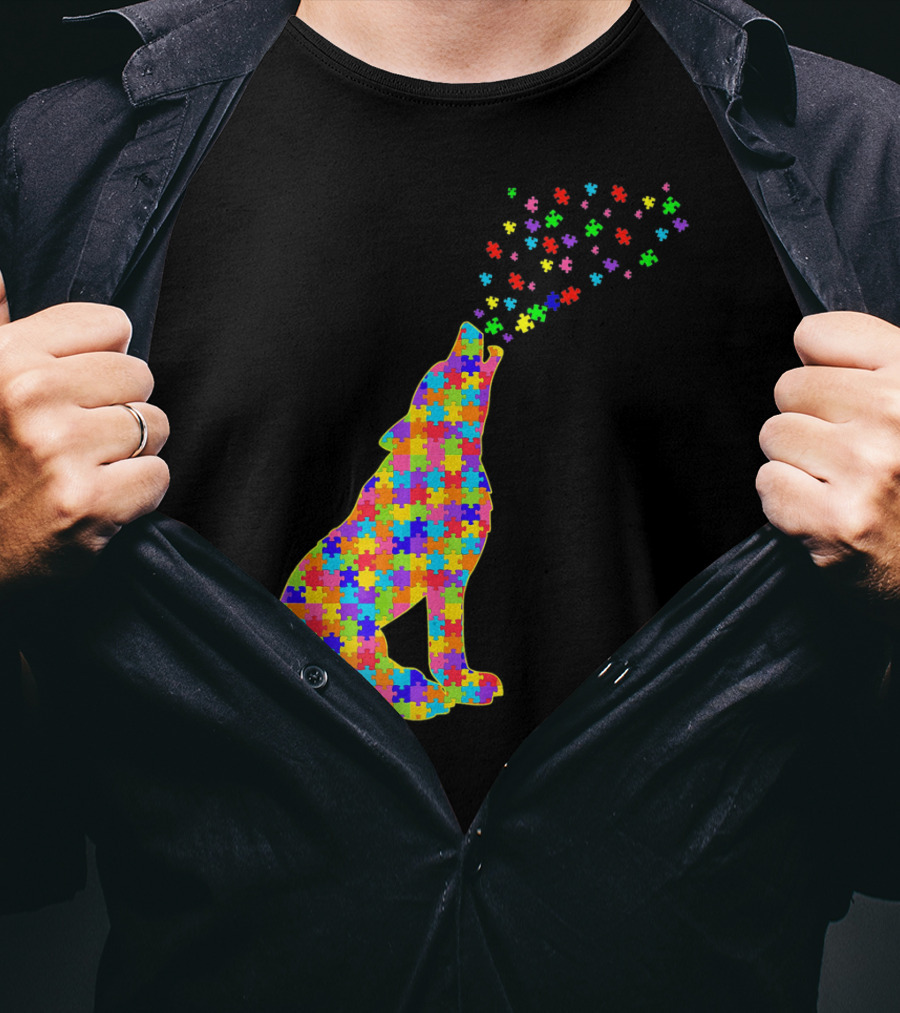 Wolf Puzzle Autism Awareness Puzzle Pieces T-Shirt