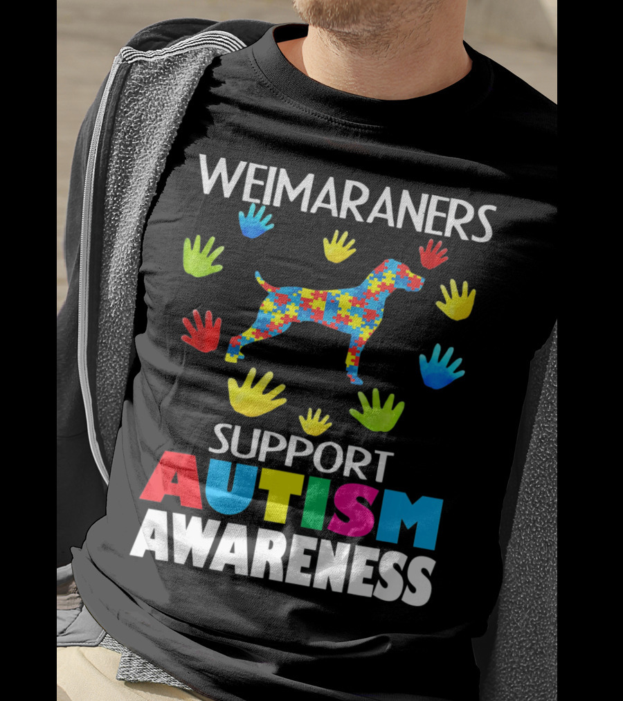 Weimaraners Support Autism Awareness Puzzle Piece Dog With Colorful Hands T-Shirt