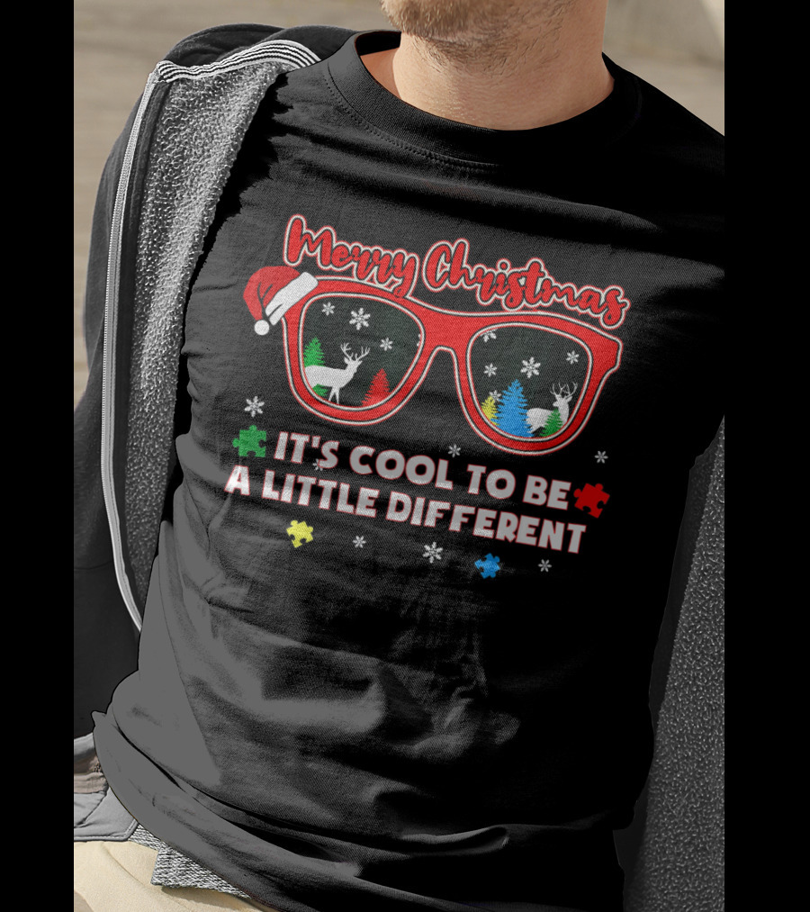 Merry Christmas Autism Awareness Santa Sunglasses It's Cool To Be A Little Different T-Shirt