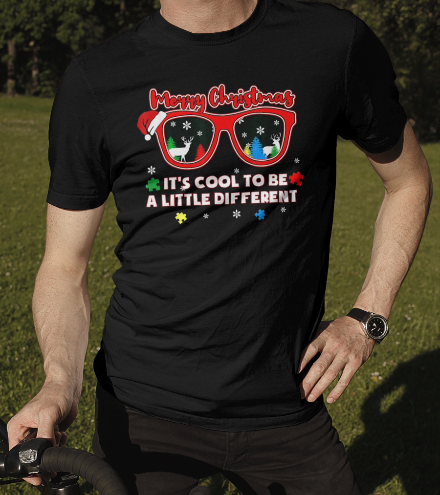 Merry Christmas Autism Awareness Santa Sunglasses It's Cool To Be A Little Different T-Shirt