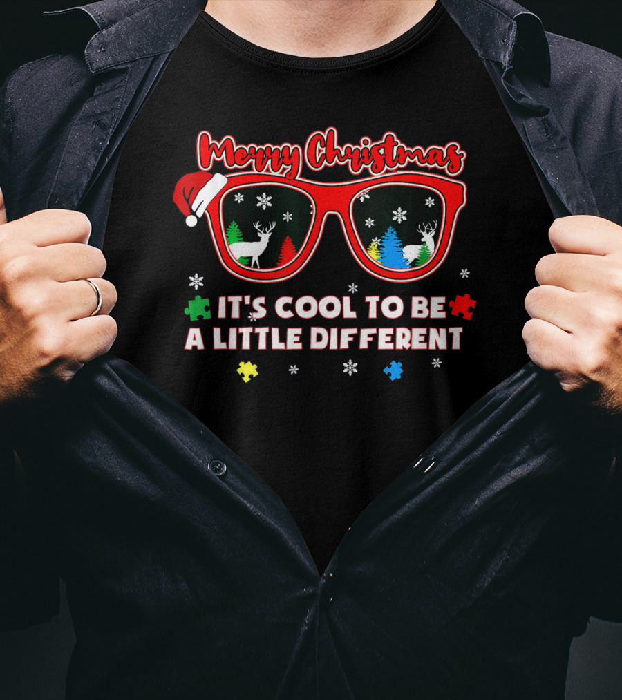 Merry Christmas Autism Awareness Santa Sunglasses It's Cool To Be A Little Different T-Shirt