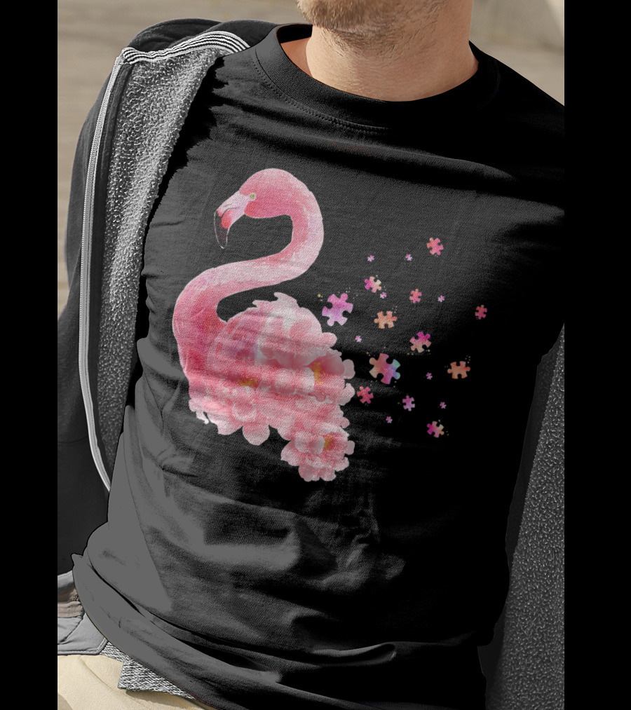 Flamingo Puzzle Autism Awareness Floral Elements T-Shirt