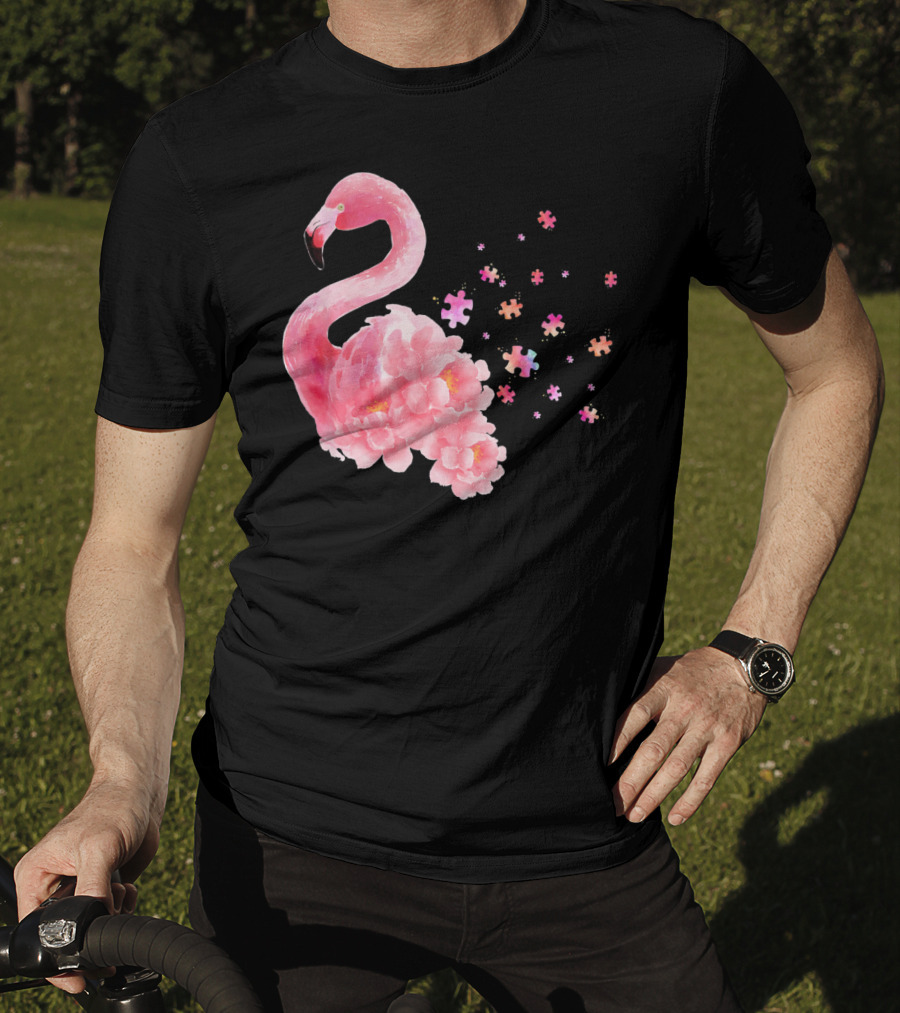 Flamingo Puzzle Autism Awareness Floral Elements T-Shirt