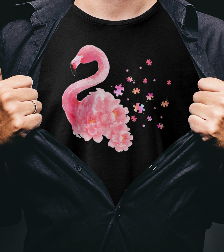 Flamingo Puzzle Autism Awareness Floral Elements T-Shirt