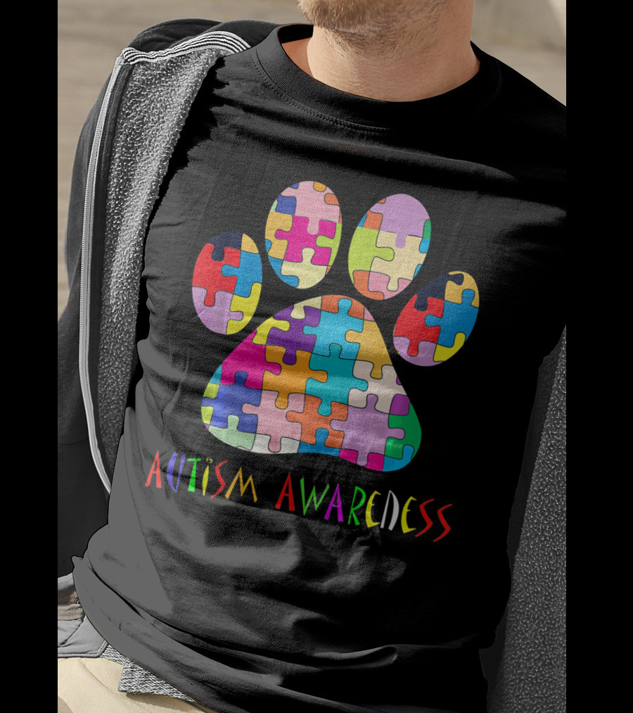 Autism Awareness Colorful Puzzle Dog Paw T-Shirt