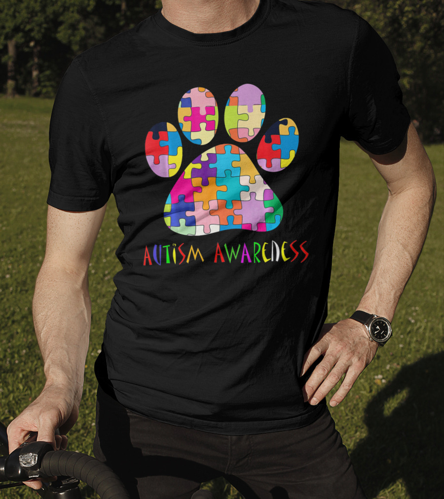 Autism Awareness Colorful Puzzle Dog Paw T-Shirt