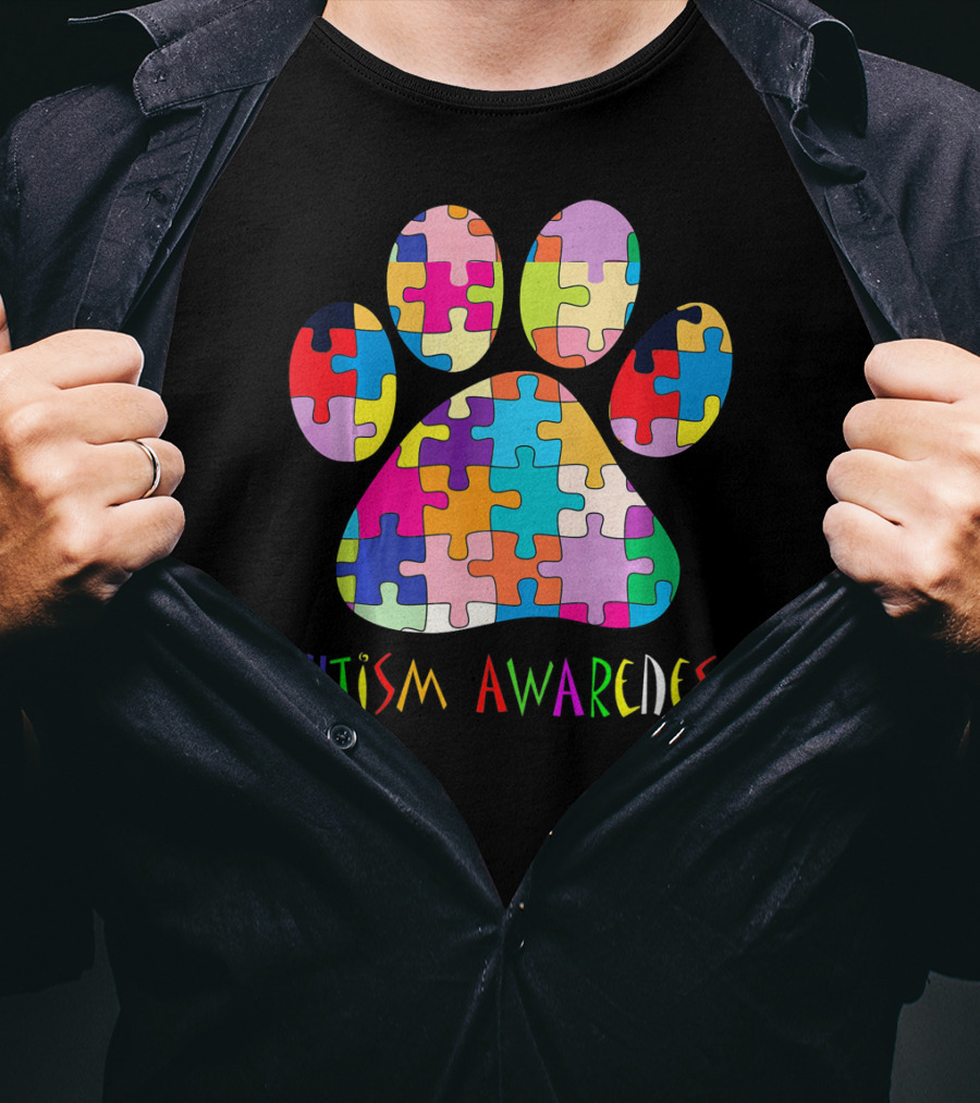 Autism Awareness Colorful Puzzle Dog Paw T-Shirt
