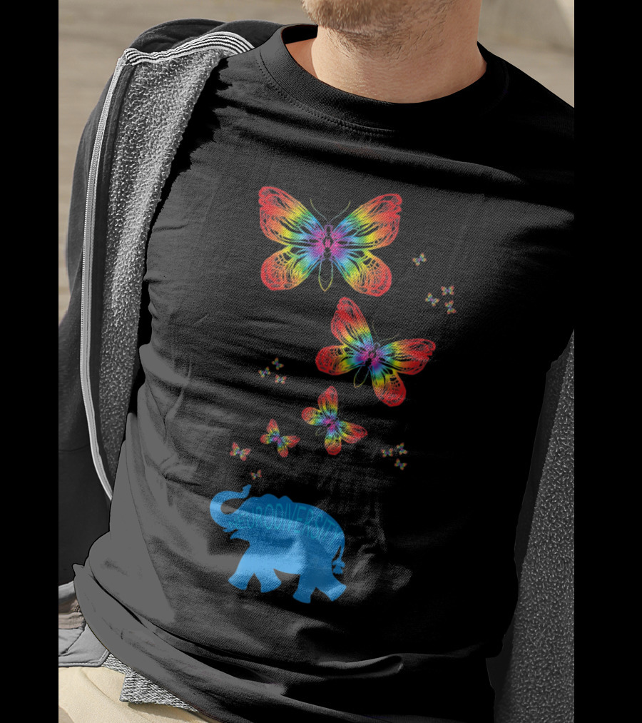 Neurodiversity Autism Elephant With Rainbow Butterflies T-Shirt