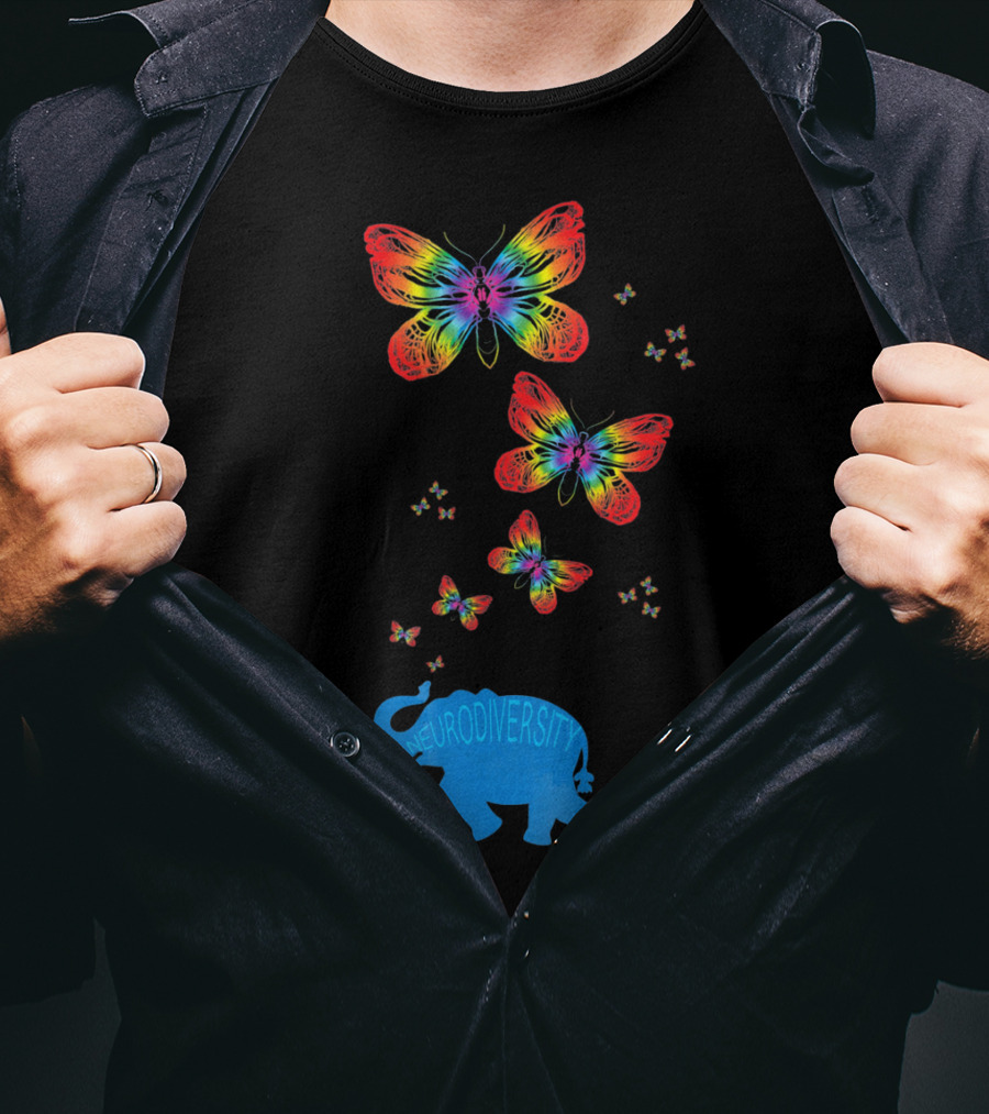 Neurodiversity Autism Elephant With Rainbow Butterflies T-Shirt