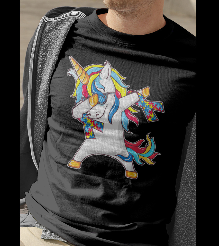 Autism Awareness Unicorn With Colorful Puzzle Dabbing Pose T-Shirt