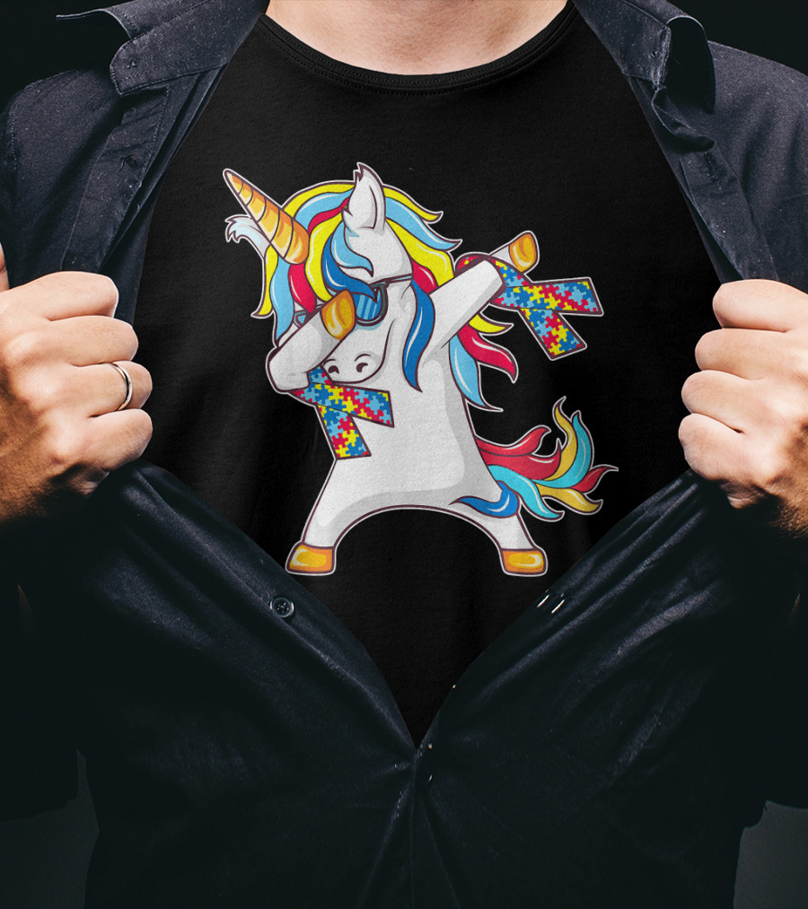 Autism Awareness Unicorn With Colorful Puzzle Dabbing Pose T-Shirt