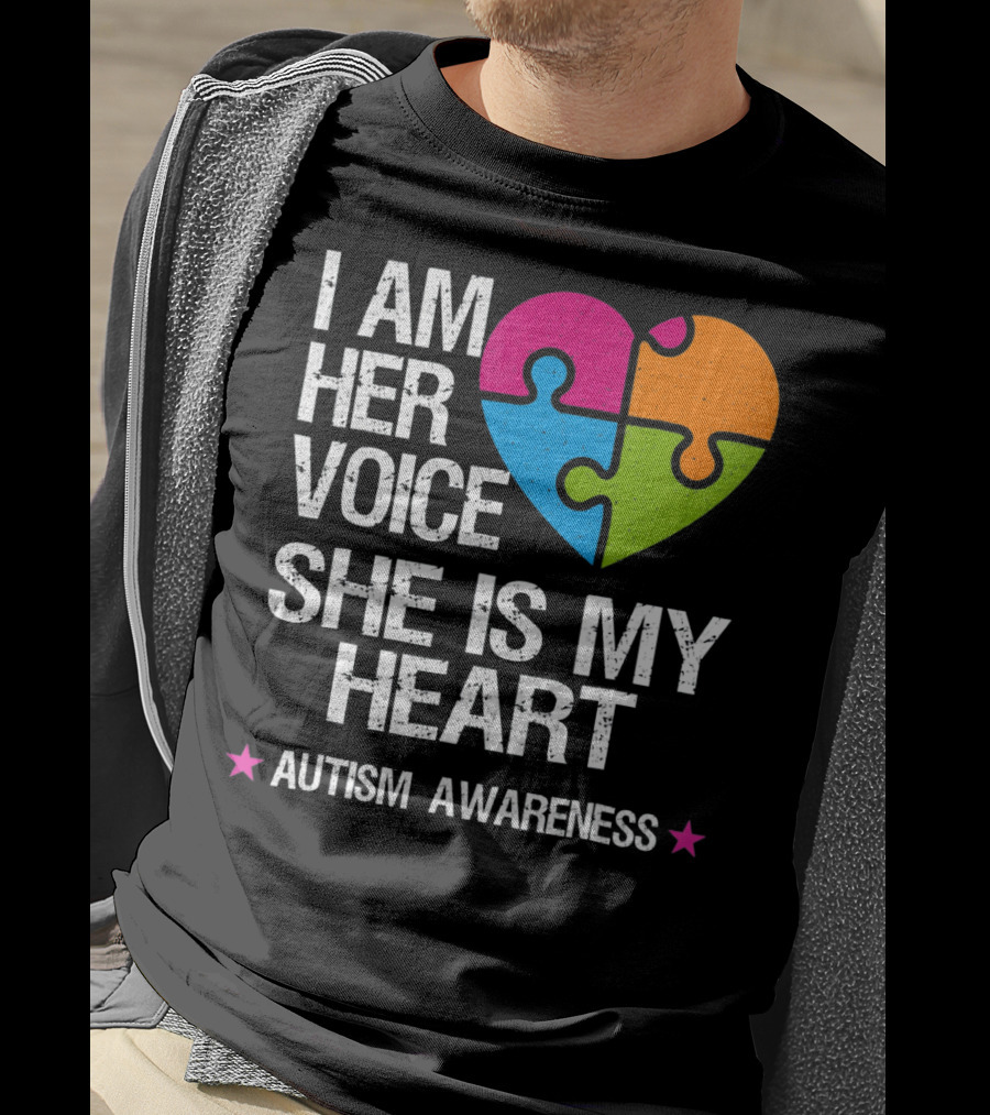I Am Her Voice She Is My Heart Autism Awareness Puzzle Heart T-Shirt