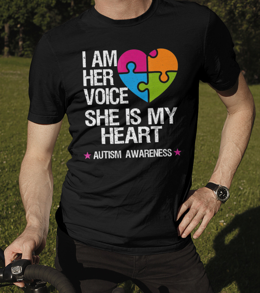 I Am Her Voice She Is My Heart Autism Awareness Puzzle Heart T-Shirt