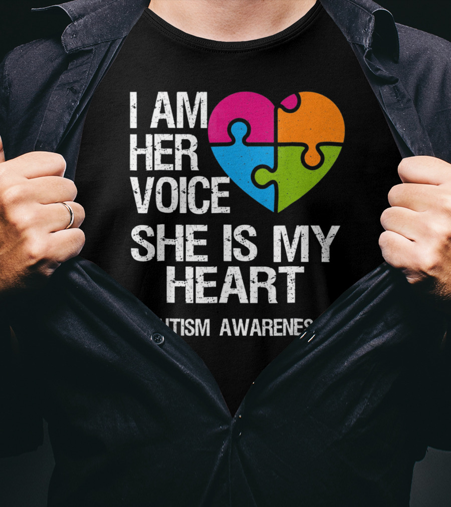 I Am Her Voice She Is My Heart Autism Awareness Puzzle Heart T-Shirt