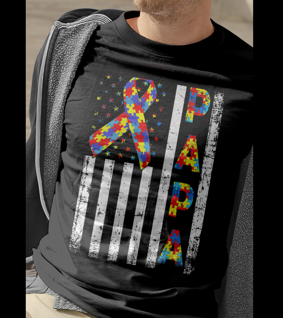 Papa Autism Awareness Puzzle Ribbon USA Flag T-Shirt