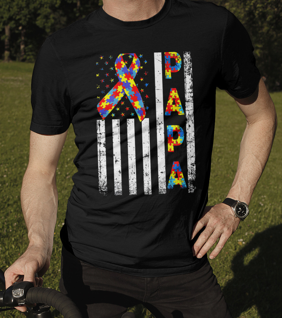 Papa Autism Awareness Puzzle Ribbon USA Flag T-Shirt