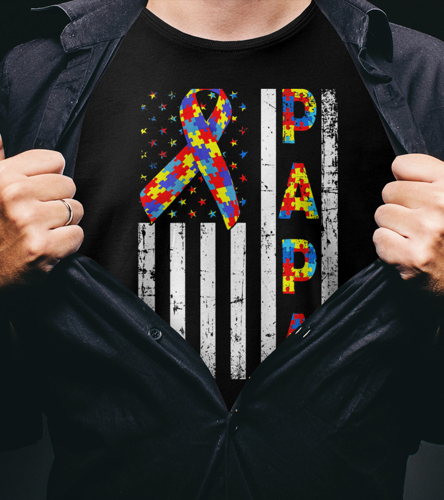 Papa Autism Awareness Puzzle Ribbon USA Flag T-Shirt
