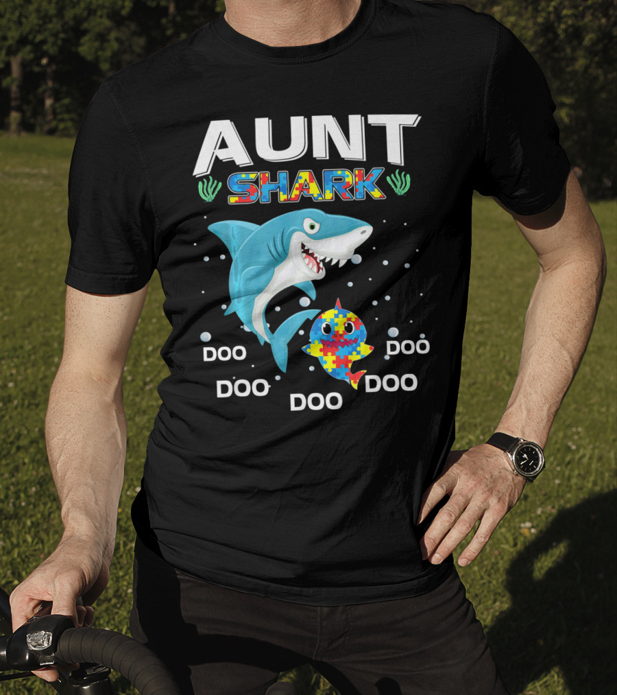 Aunt Shark Doo Doo Autism Awareness Puzzle Piece T-Shirt