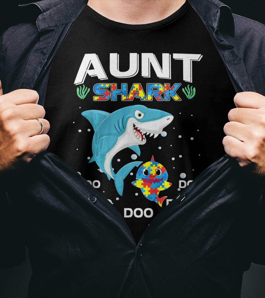 Aunt Shark Doo Doo Autism Awareness Puzzle Piece T-Shirt