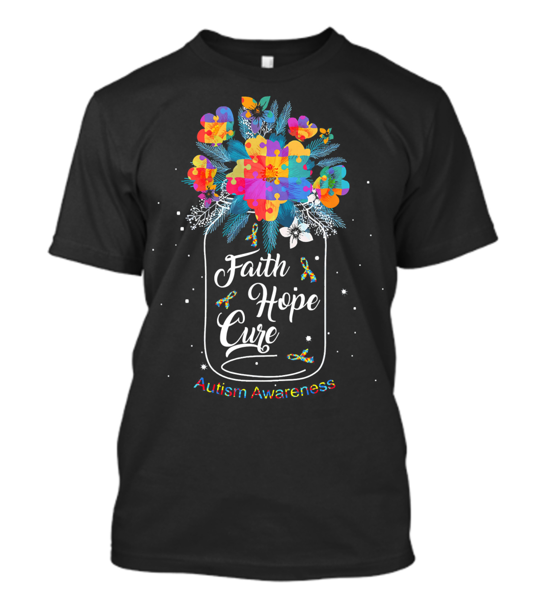 Faith Hope Cure Autism Awareness Flower Puzzle T-Shirt
