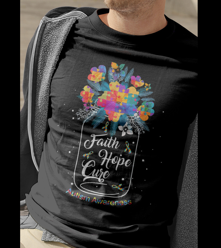 Faith Hope Cure Autism Awareness Flower Puzzle T-Shirt