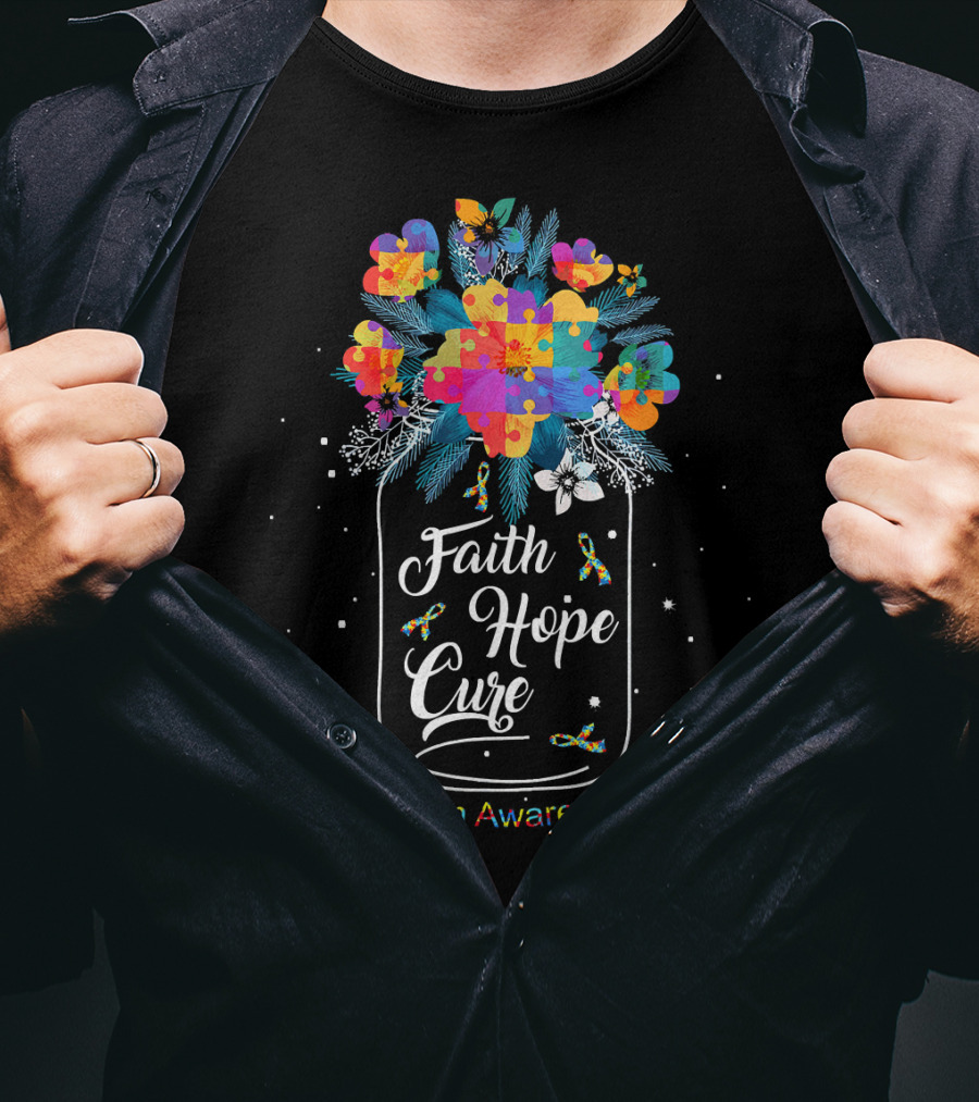 Faith Hope Cure Autism Awareness Flower Puzzle T-Shirt