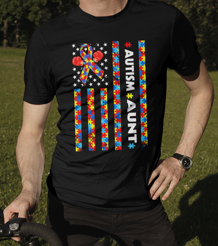 Autism Awareness Aunt American Flag Puzzle Ribbon And Boxing Gloves T-Shirt