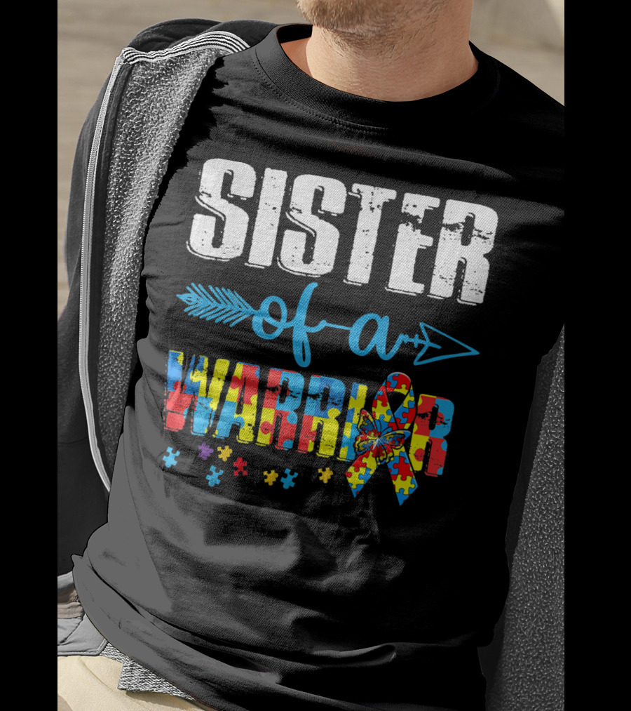 Sister Of A Warrior Puzzle Ribbon Autism Awareness T-Shirt
