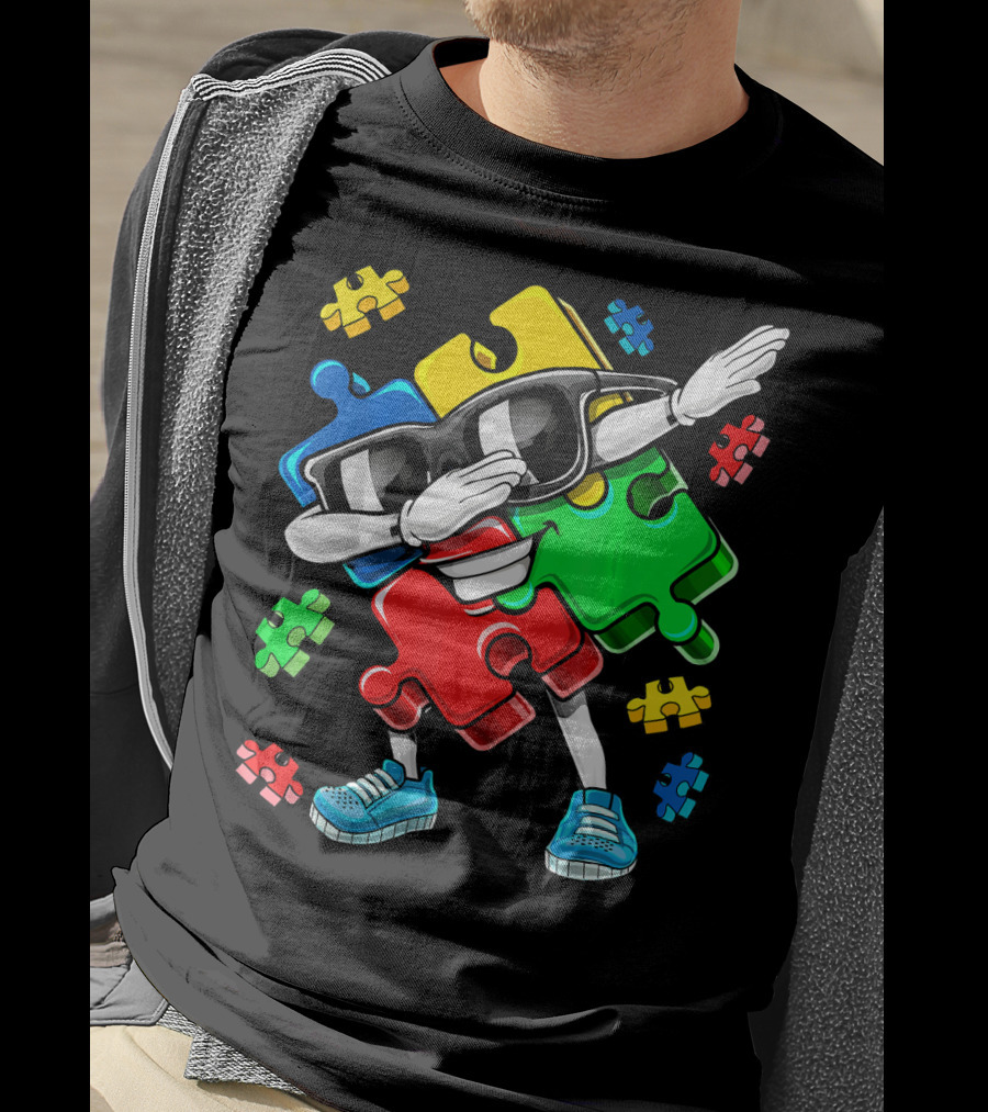 Autism Awareness Cool Dabbing Puzzle Piece Character T-Shirt