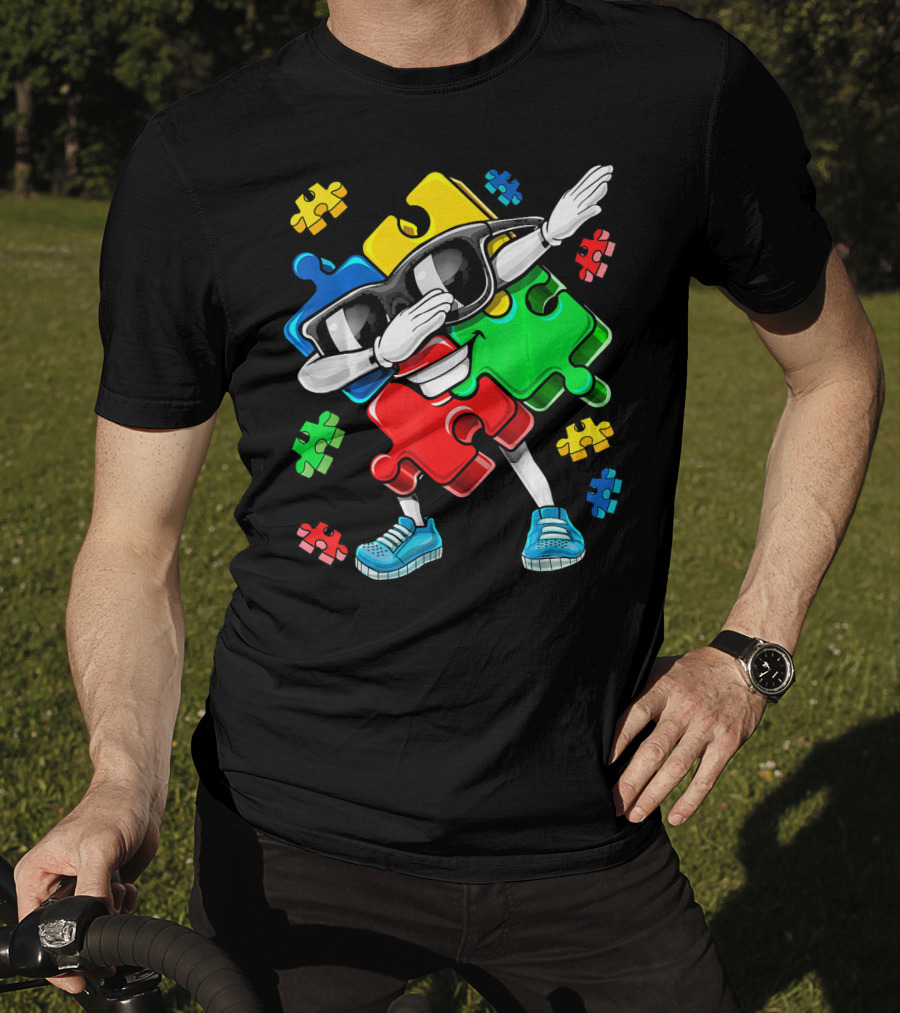 Autism Awareness Cool Dabbing Puzzle Piece Character T-Shirt