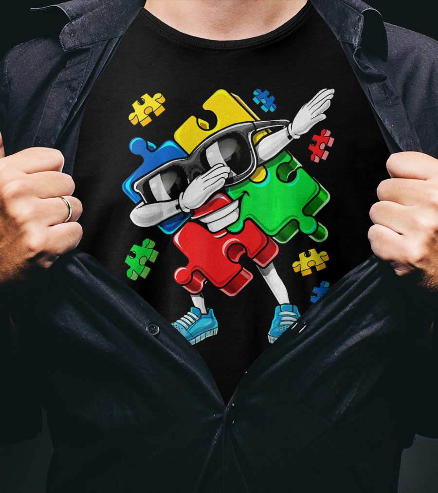 Autism Awareness Cool Dabbing Puzzle Piece Character T-Shirt