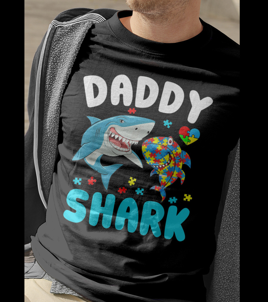 Daddy Shark Autism Awareness Puzzle Heart T-Shirt