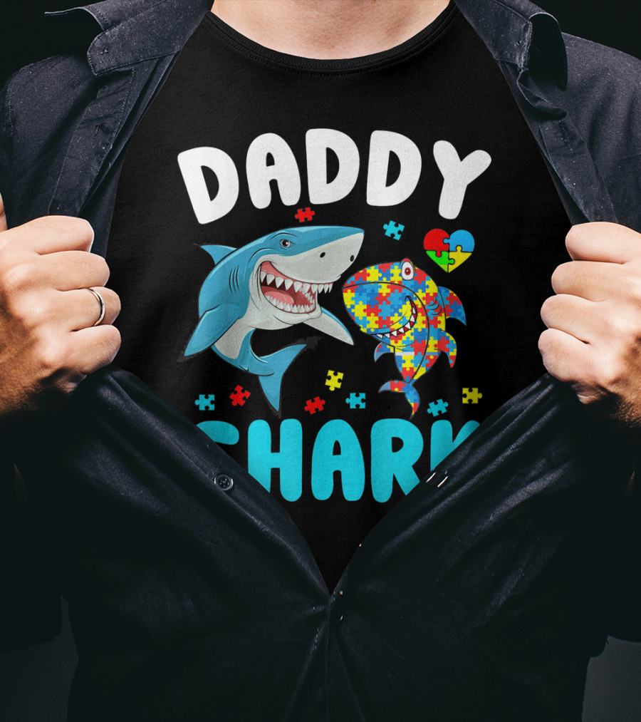 Daddy Shark Autism Awareness Puzzle Heart T-Shirt