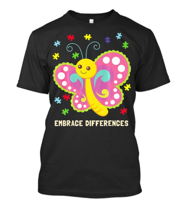 Embrace Differences Autism Awareness Boy Girl Butterfly Puzzle Pieces T-Shirt