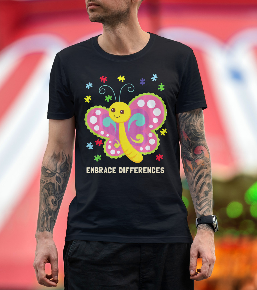Embrace Differences Autism Awareness Boy Girl Butterfly Puzzle Pieces T-Shirt