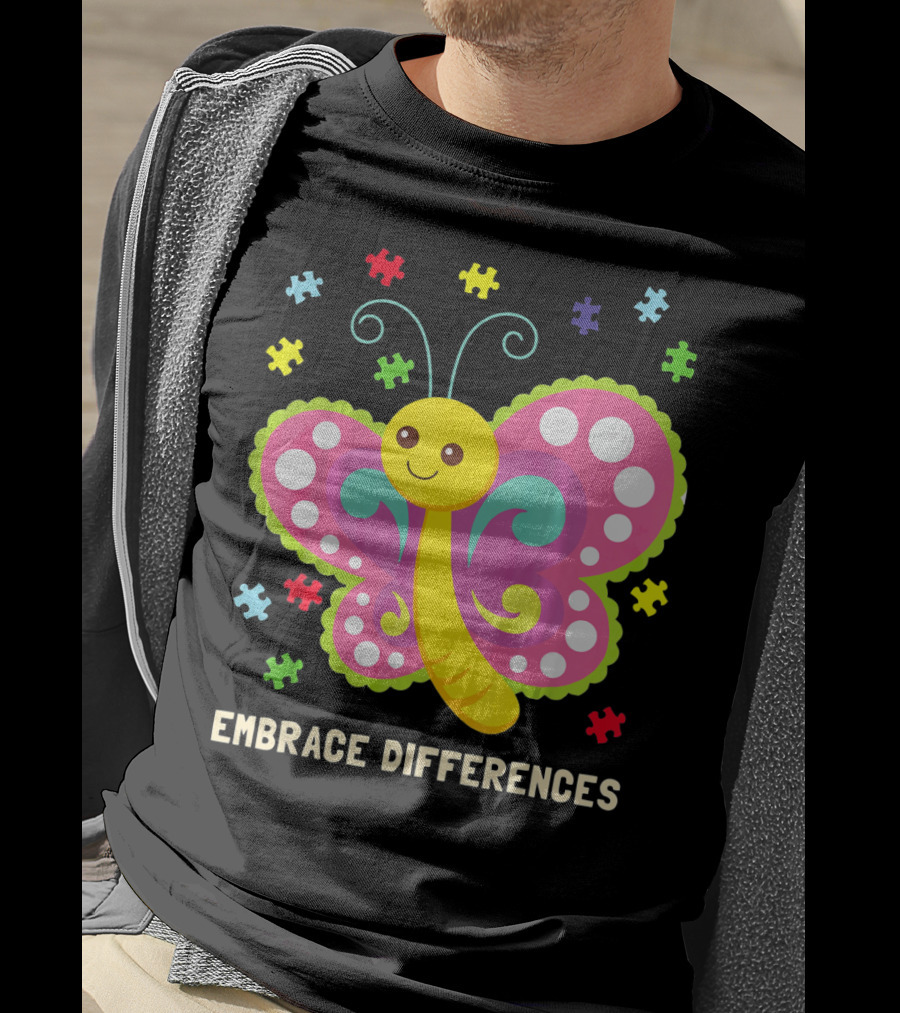 Embrace Differences Autism Awareness Boy Girl Butterfly Puzzle Pieces T-Shirt