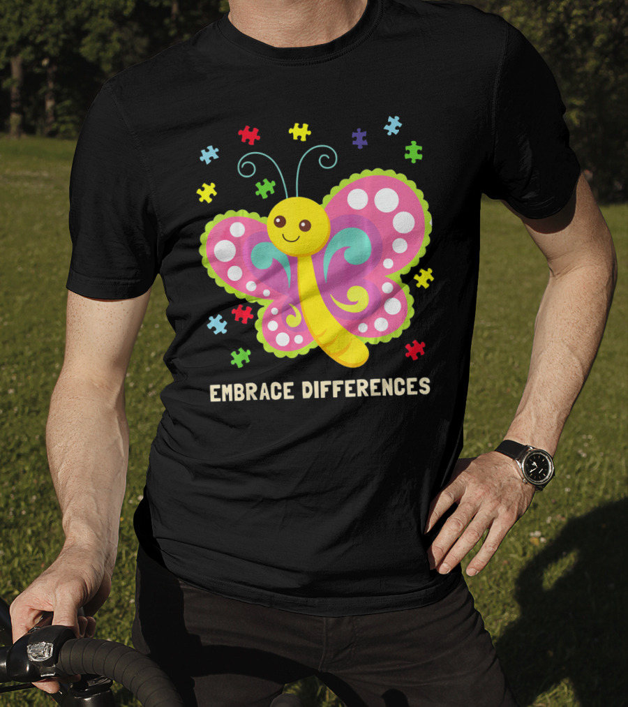 Embrace Differences Autism Awareness Boy Girl Butterfly Puzzle Pieces T-Shirt