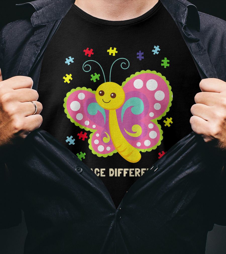 Embrace Differences Autism Awareness Boy Girl Butterfly Puzzle Pieces T-Shirt