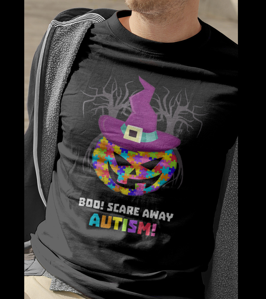 Boo Scare Away Autism Pumpkin Hat Halloween T-Shirt