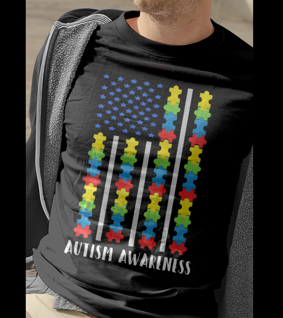 Autism Awareness Puzzle Piece USA Flag T-Shirt