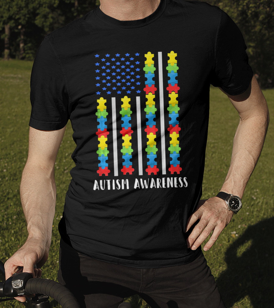 Autism Awareness Puzzle Piece USA Flag T-Shirt
