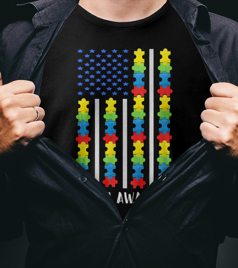 Autism Awareness Puzzle Piece USA Flag T-Shirt