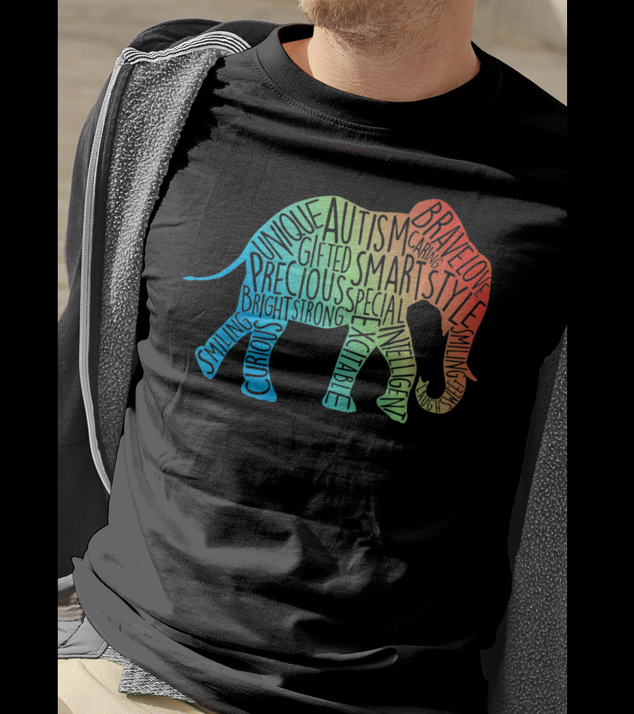 Autism Awareness Elephant Collage Brave Unique Precious Bright Smart Strong T-Shirt