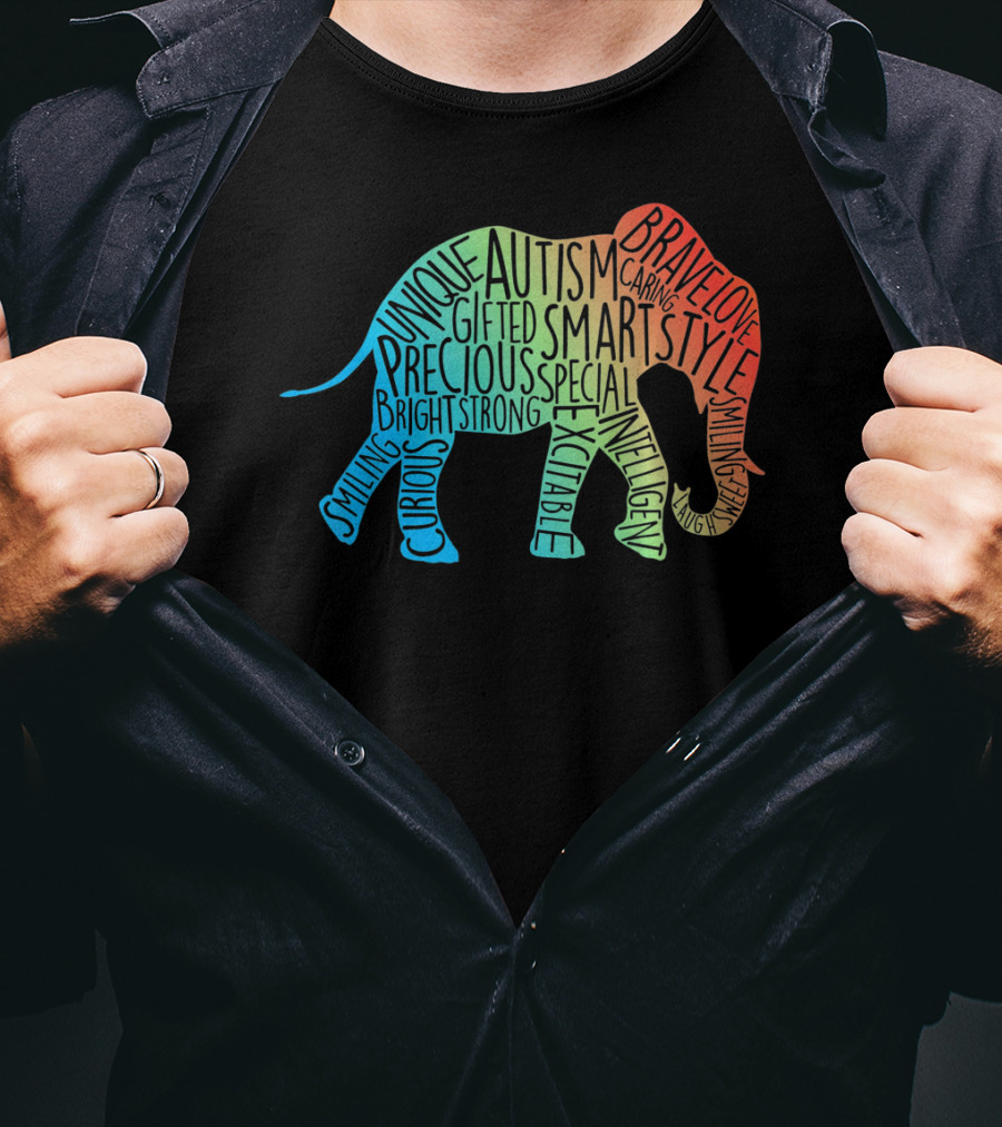 Autism Awareness Elephant Collage Brave Unique Precious Bright Smart Strong T-Shirt
